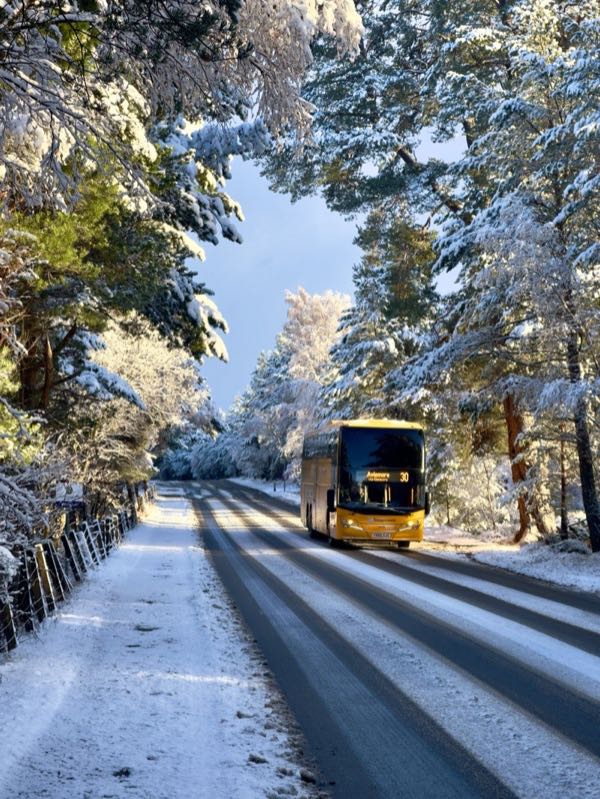 Snowy road with yellow bus